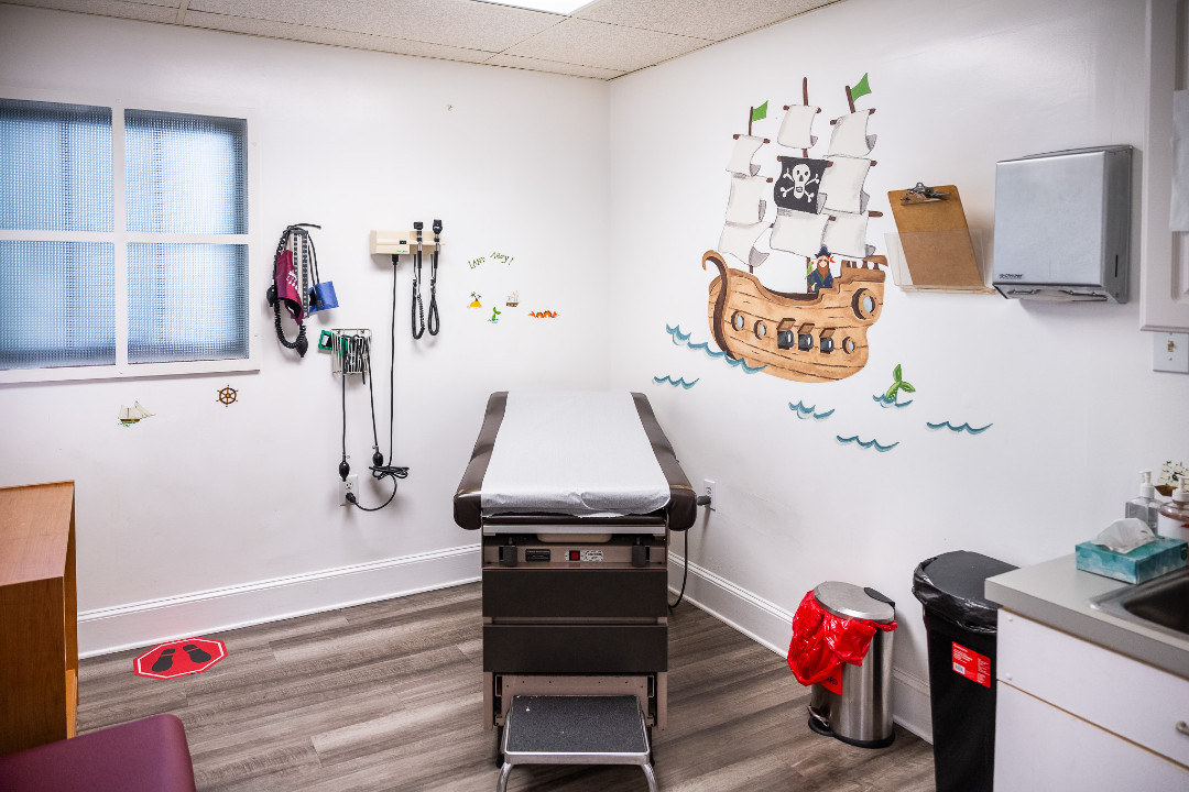 a pirate ship themed pediatric exam room